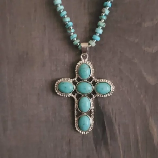 Collier en perles de turquoise véritable avec croix – Image 3